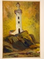 Landschaftsgemälde monogrammiert 1966 mit Leuchtturm Felsen