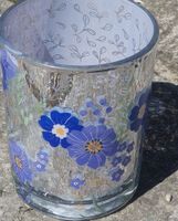 Vase déco en verre, motif floral bleu.Neuf !Parfaite!