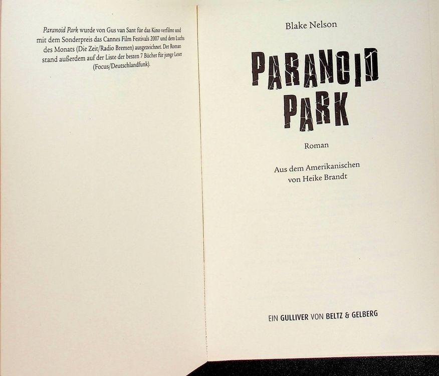 Blake Nelson Paranoid Park / Gulliver Beltz 5. Auflage 2013