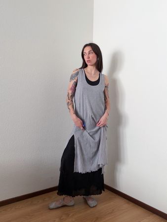 Sleeveless Grey dress, Black Trim