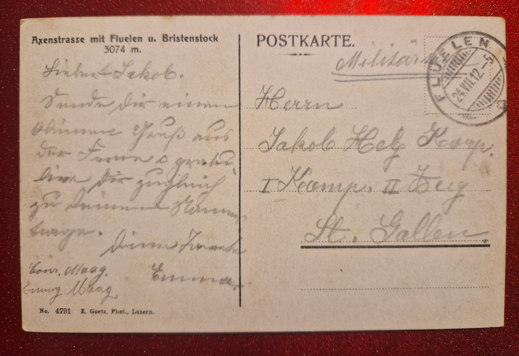 Cartoline postali: Axenstrasse mit Flüelen 1912 – Usato da Melchnau venduto da Fishel 1