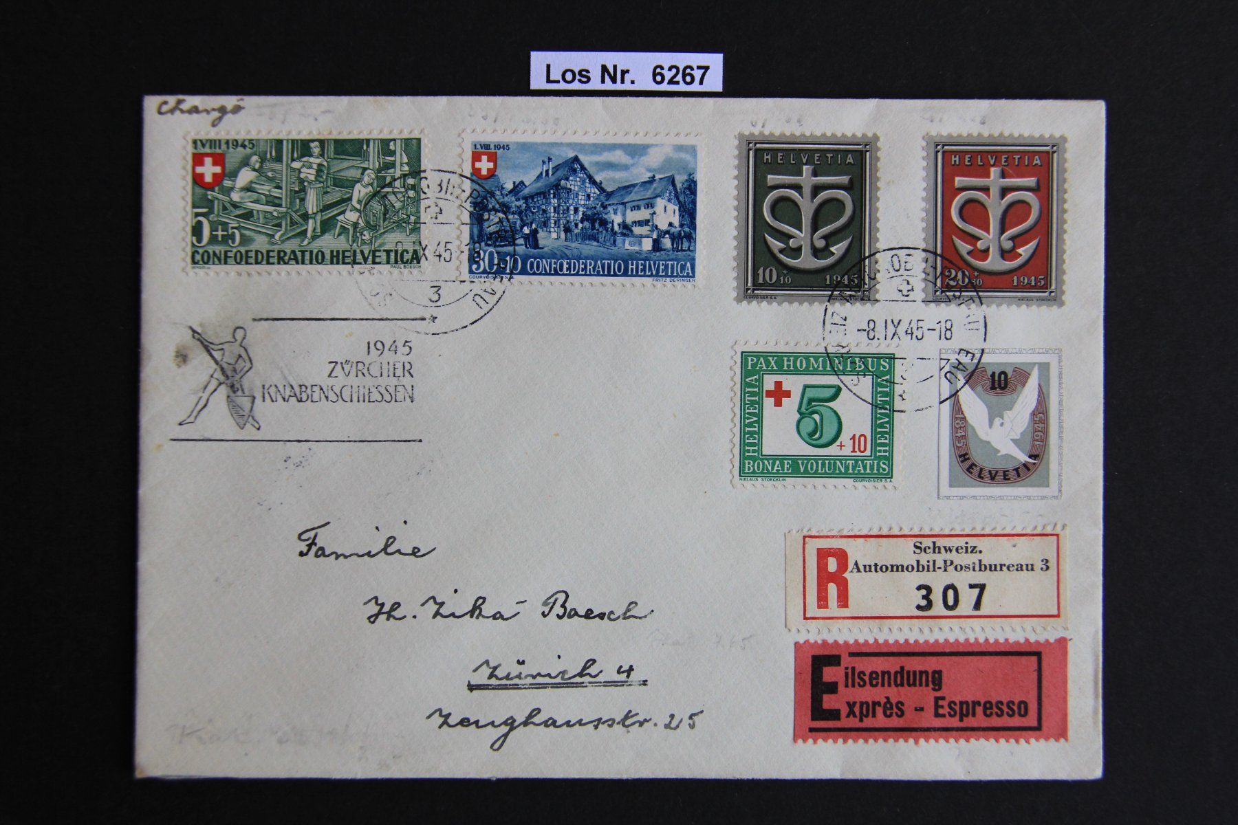 Tutti i francobolli: PP Brief mit Sonderstempel 1945                     Los 6267 – Usato da Volken venduto da jukon65
