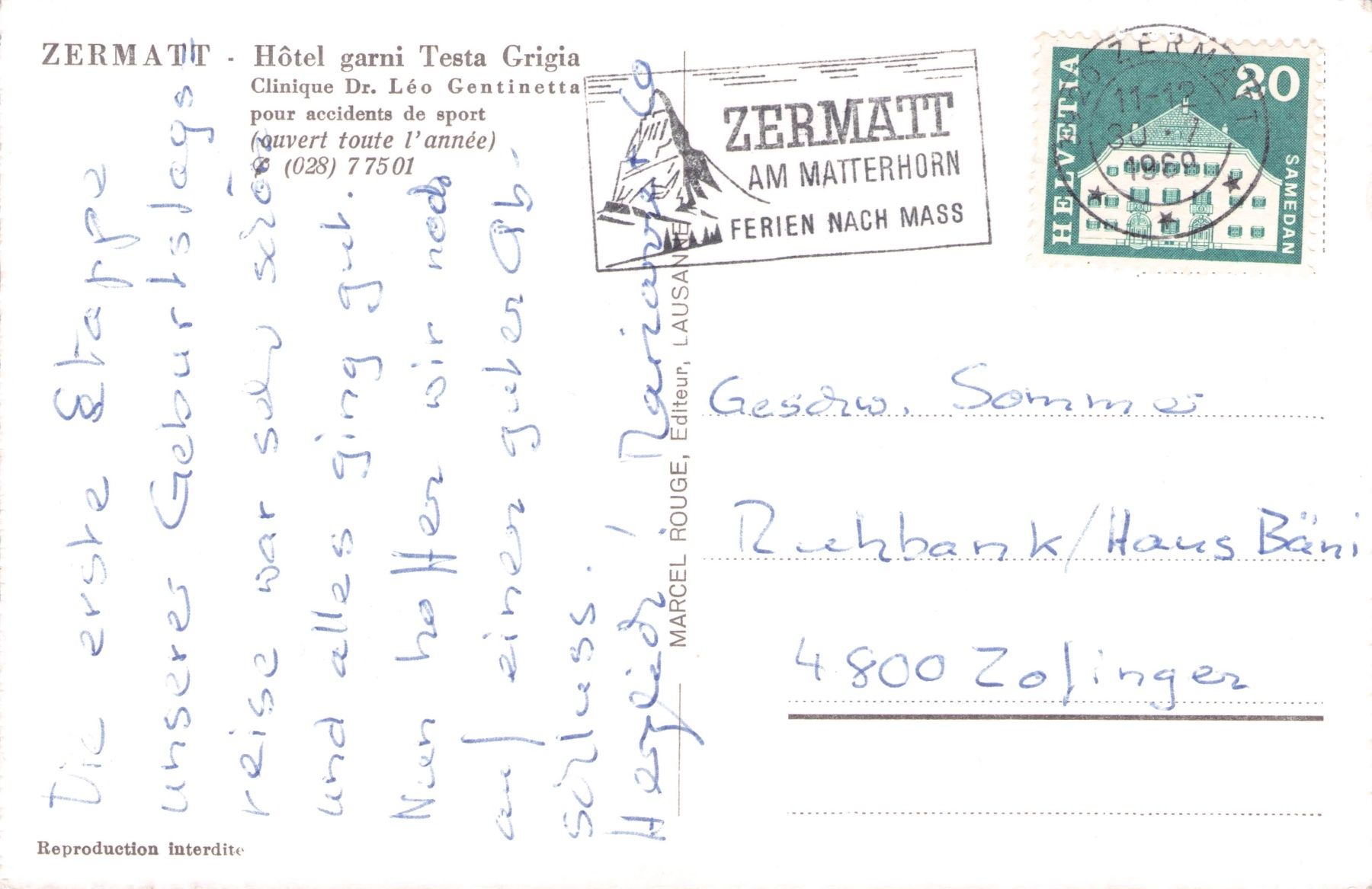 Cartoline postali: Zermatt VS // 1960 Hotel Garni Testa Grigia – Usato da Basel venduto da intermezzo12 1
