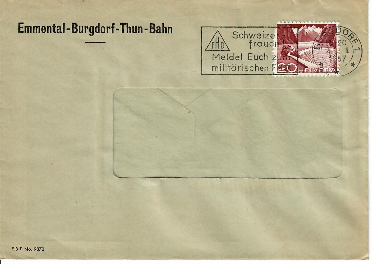 Alle Briefmarken: Brief, Emmental - Burgdorf - Thun - Bahn  1957 – Gebraucht aus Hochdorf von Ziegel-16 1