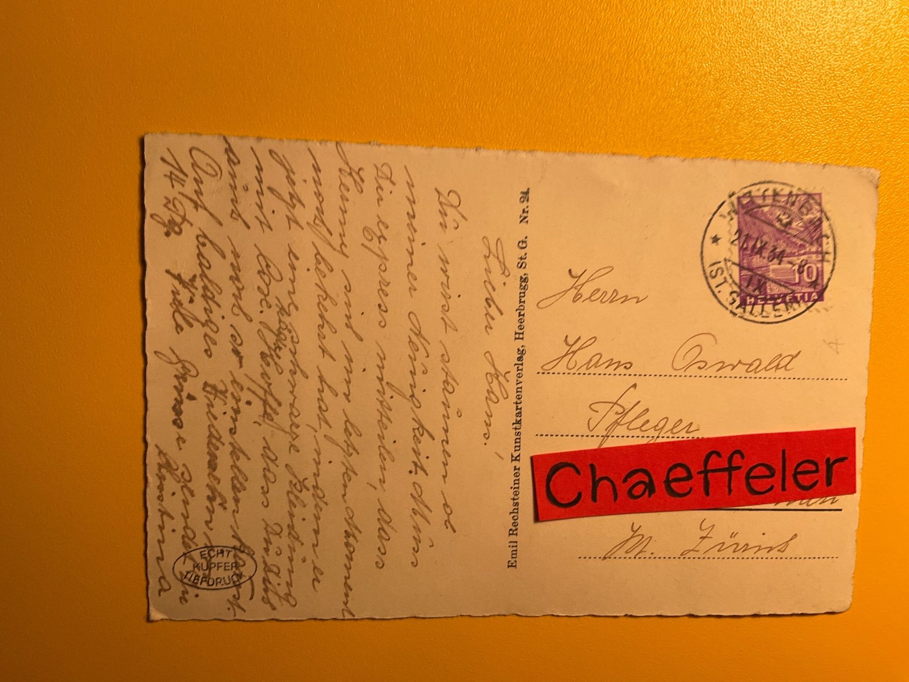 Cartoline postali: 1934 Schloss Heerbrugg – Usato da Zürich venduto da Chaeffeler 1