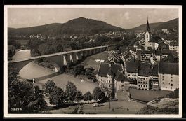 AK Baden, Ortsansicht mit Brücke, Schloss und Kirche