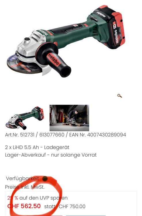 Metabo Akku-Winkelschleifer WVB 18 LT - Brushless 18V Profi Schleifer Ohne Akku