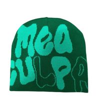Strickmütze grün mit Schriftzug "mea culpa" neu