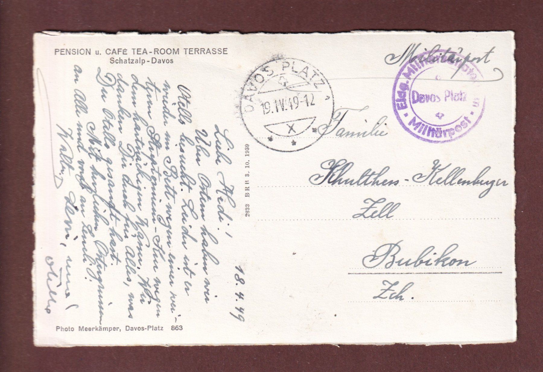 Cartes postales: SCHATZALP-DAVOS - 1949 Feldpost – D'occasion à Pully par nicecards-shop 1