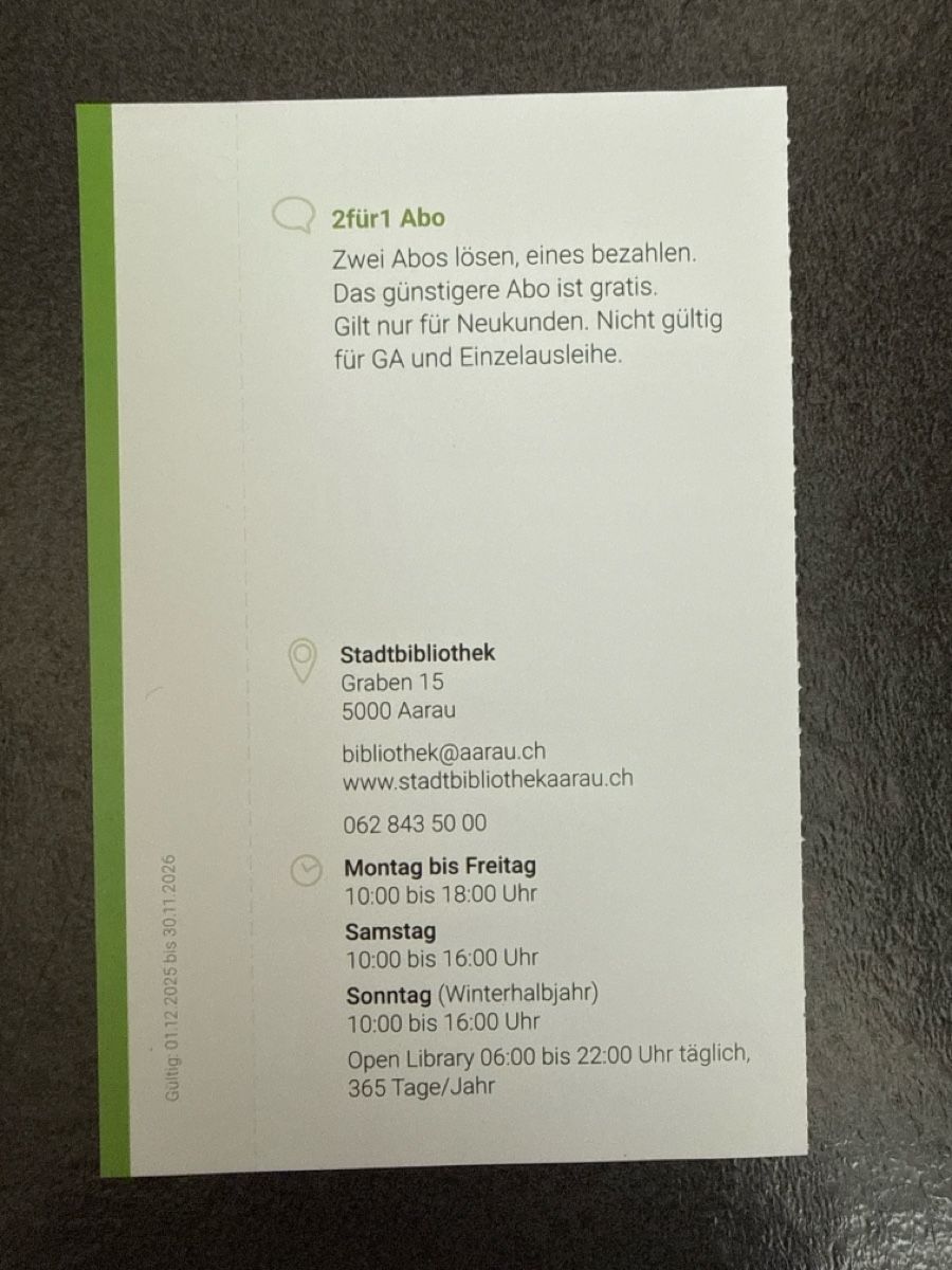Buoni: 2für1 Abo Stadtbibliothek Aarau  – Nuovo (secondo la descrizione) da Gränichen venduto da cat_lady 1