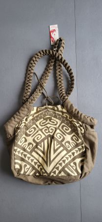 sac artisanat de Polynésie original tissu vert et crème NEW