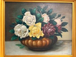 50.5cm breitx41/K. Bieder /Öl Gemälde entzückende Rosen Vase