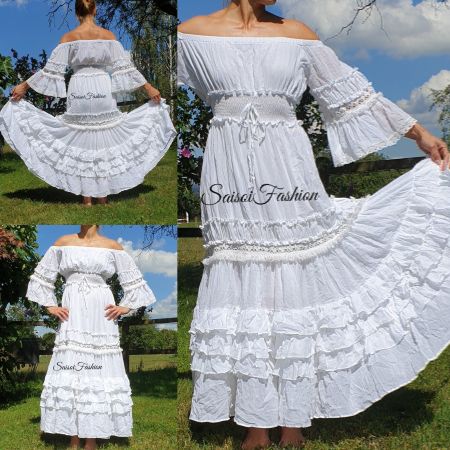 100%Baumwolle Weißes Sommer Boho  maxikleid  S-XL
