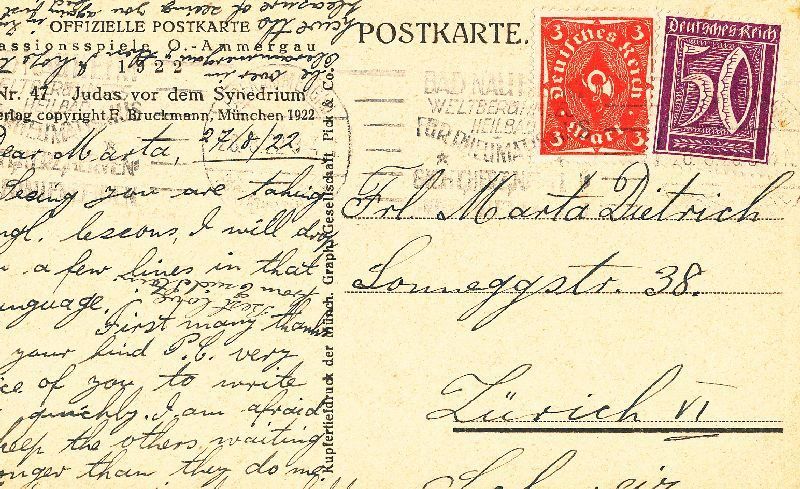 Ansichtskarten: Ober Ammergau - Passionsspiele + 1922 – Gebraucht aus Emmenbrücke von teestube 1