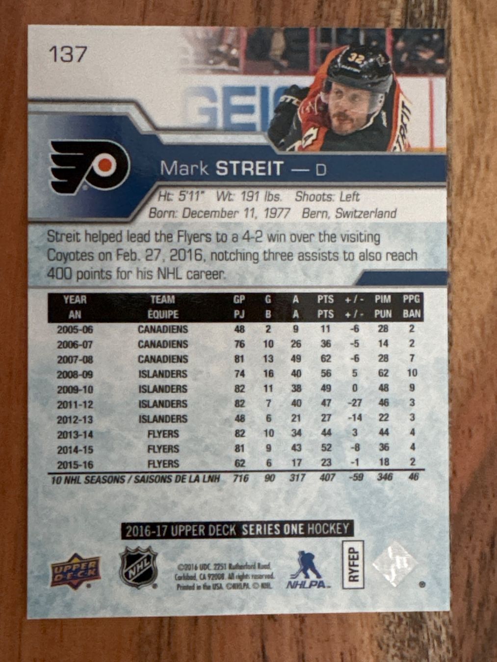 NHL Carte collezionabili: UD #137 Mark Streit Philadelphia NHL – Usato da Grüningen venduto da Peterpan99 1