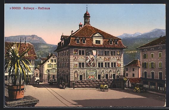 Cartoline postali: AK Schwyz, Blick auf das Rathaus – Usato da Berlin venduto da bartko-reher