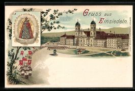 Litho Einsiedeln, Kloster mit Prozession