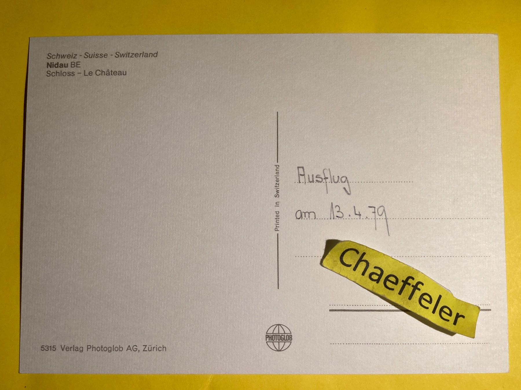 Cartoline postali: 1979 Nidau, Schloss - Le Château – Usato da Zürich venduto da Chaeffeler 1