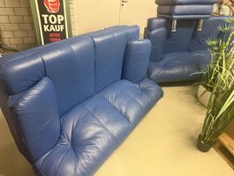 Ledersofa blau 3 +2+Hocker