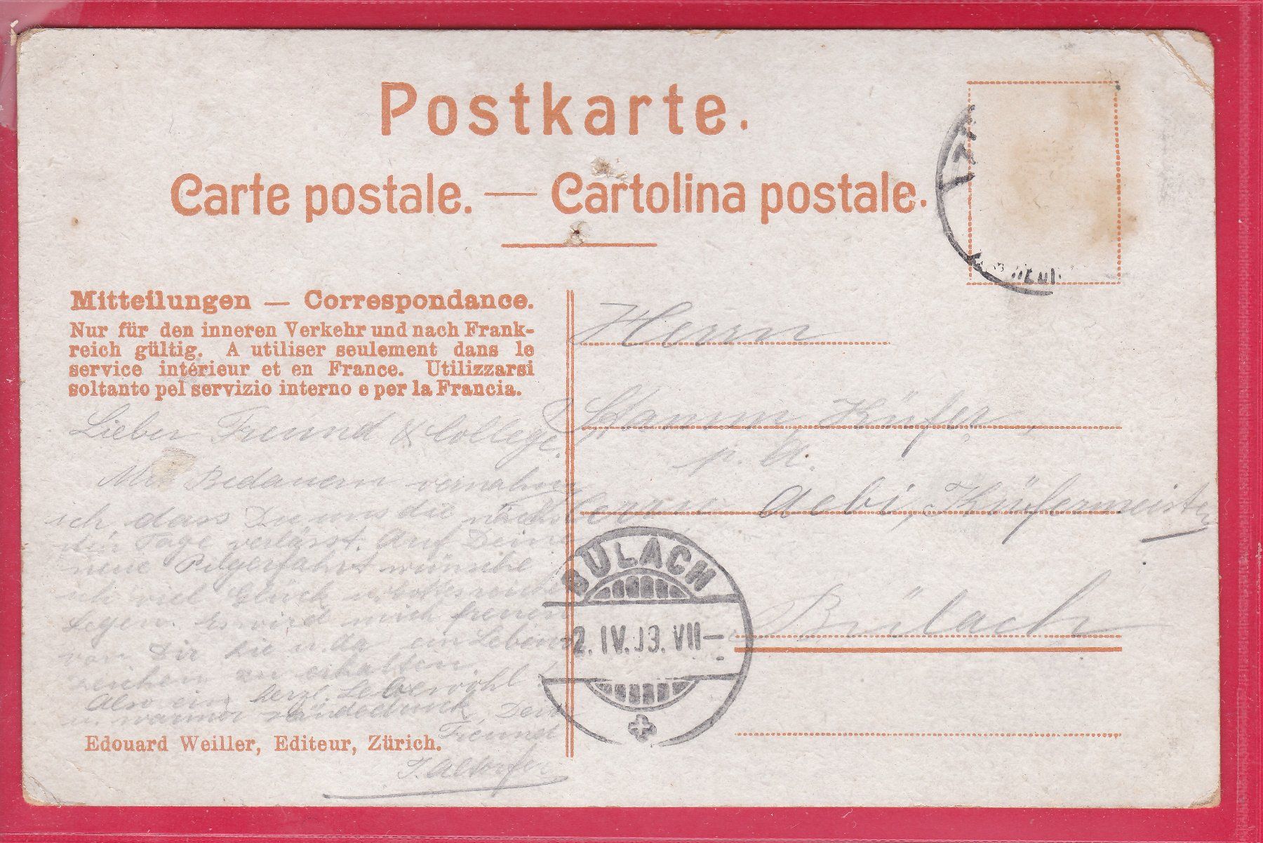 Cartoline postali: ZÜRICH, 4 ANSICHTEN, 2.4.1903 – Usato da Oberrieden venduto da Gebirgsstelze 1