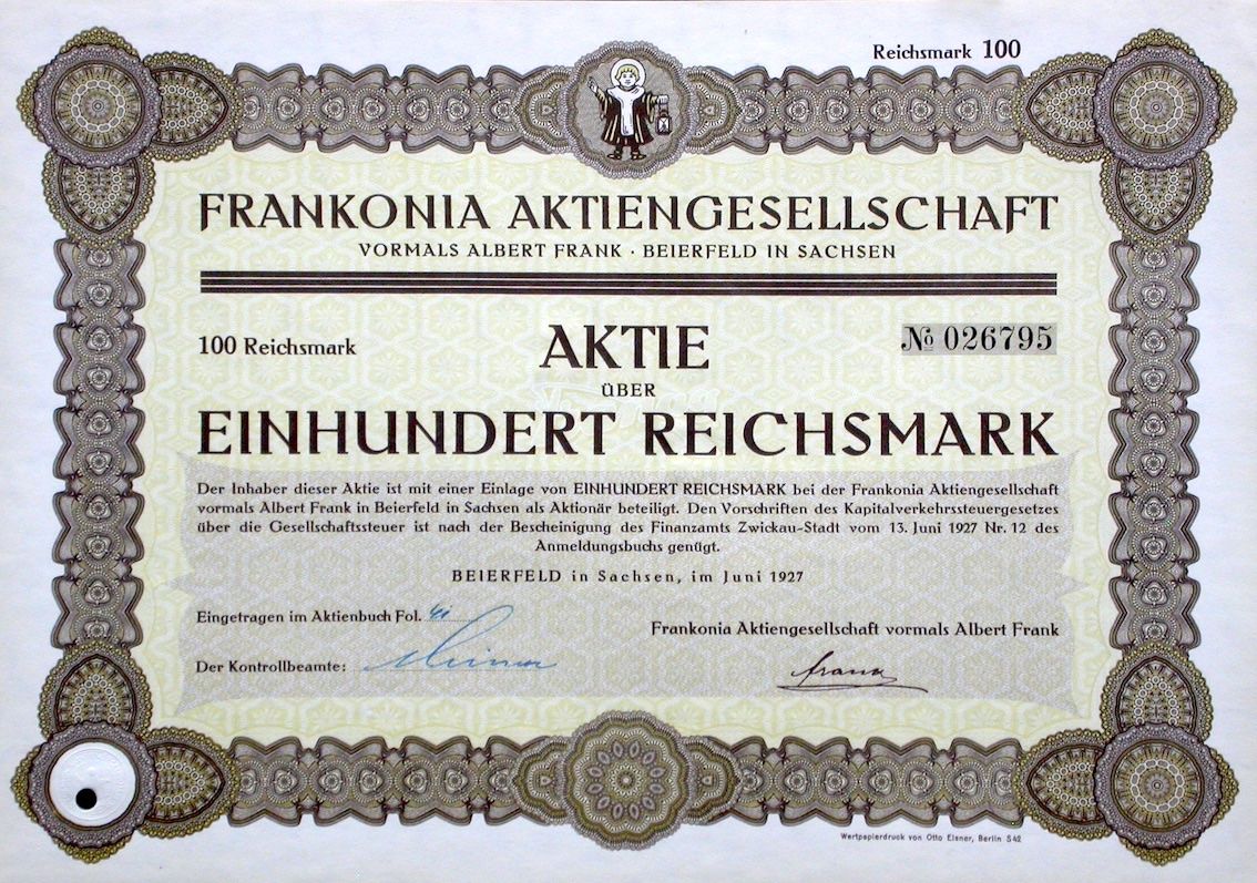 Dokumente: Frankonia AG vorm Albert Frank, Beierfeld - 1927 – Gebraucht aus Solothurn von Sgasche