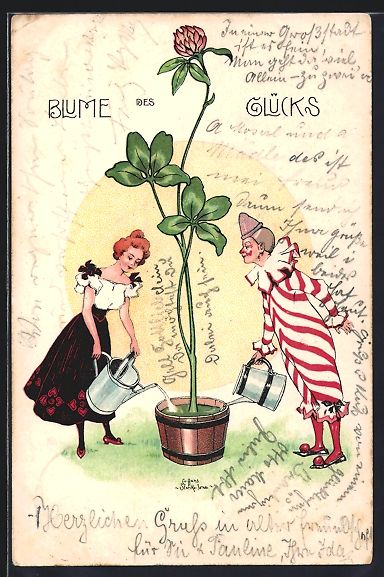 Ansichtskarten: Hans Starcke: Mädchen und Clown giessen – Gebraucht aus Berlin von bartko-reher