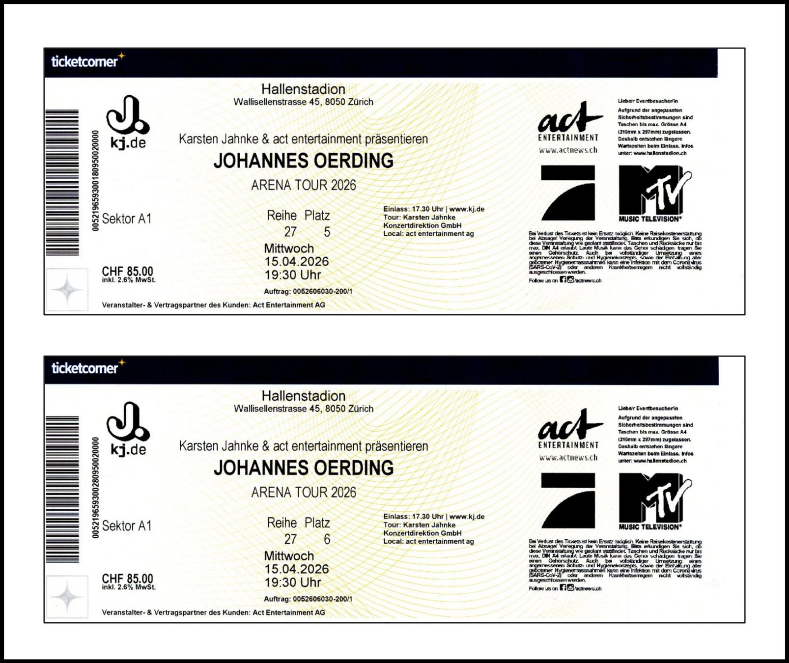 Tickets: 2 Tickets für das Johannes Oerding – Konzert am 15.04.2026 – Neu (gemäss Beschreibung) aus Stans von Chyjo 1