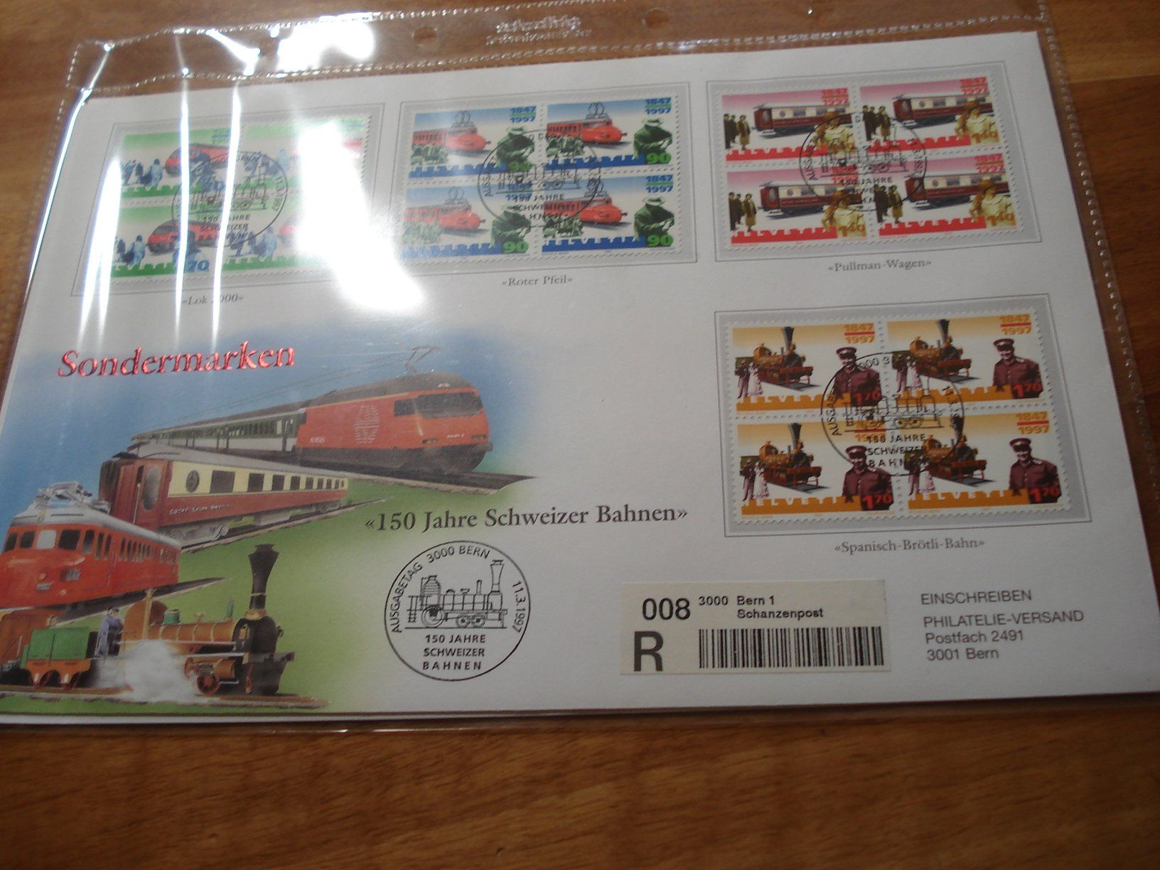 Tutti i francobolli: Grossbrief-FDC 150 Jahre Schweizer Bahnen, 4erblocks 1997 – Usato da Niederwil AG venduto da morostahu