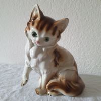 Versand möglich! Katze, grüne Glasaugen, Porzellan Stempel