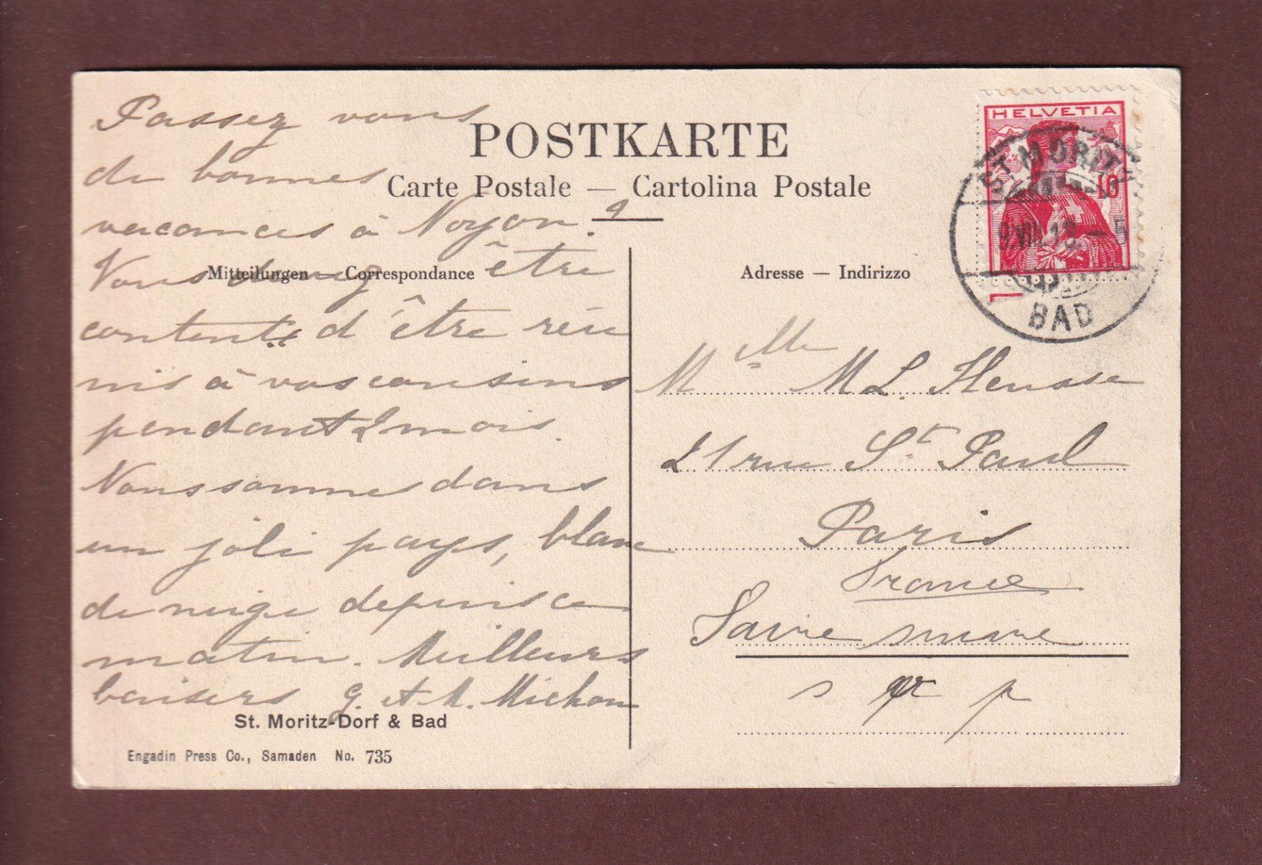 Cartoline postali: ST. MORITZ - 1913 – Usato da Pully venduto da nicecards 1