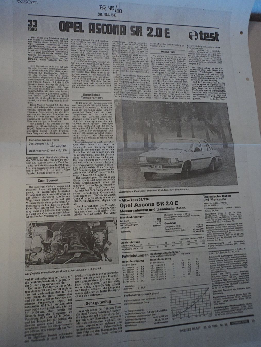 Opel Dokumente: Prospekt Test AR Opel Ascona SR 2.0E von 1980 – Gebraucht aus Schwarzenburg von modelCARama 2