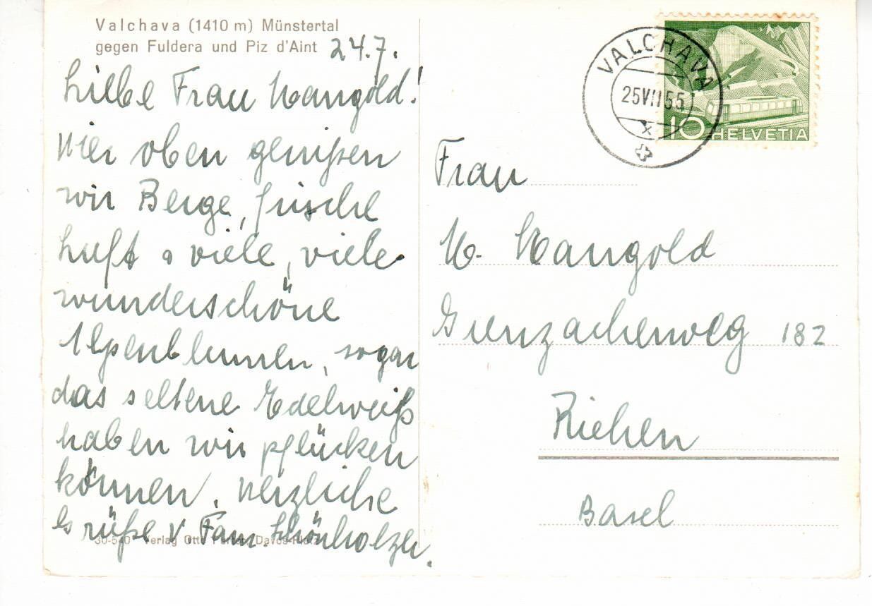 Ansichtskarten: Valchava - Münstertal 1955 – Gebraucht aus Wolhusen von Curver9 1