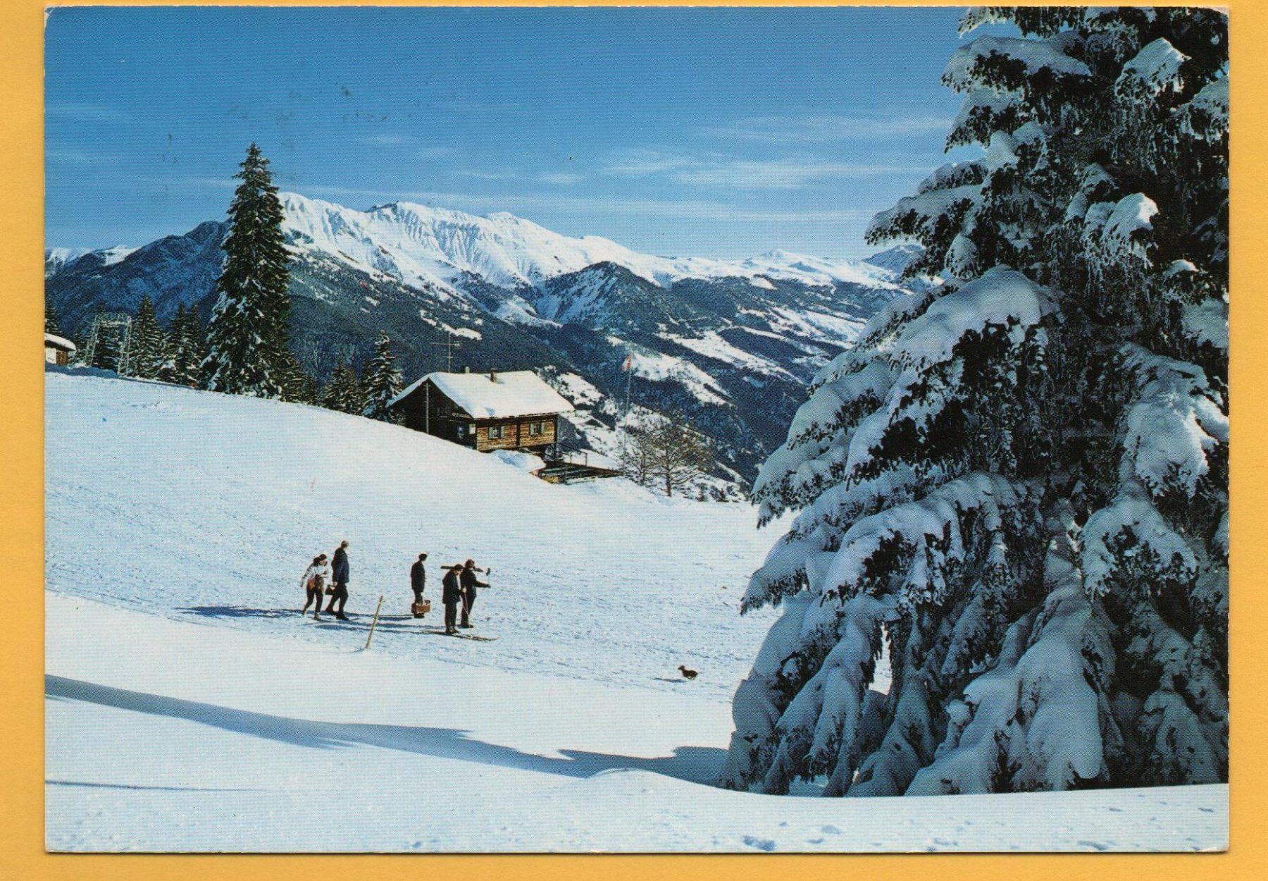 Cartoline postali: CHUR Brambrüesch Berghaus Battagliahütte, Skifahrer – Usato da Jona venduto da philajona