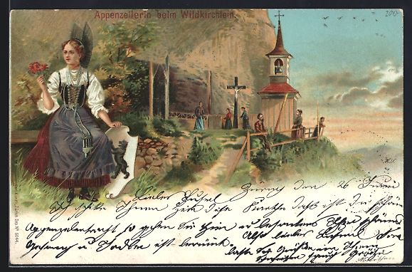 Cartoline postali: Litho Aescher-Wildkirchli, Appenzellerin – Usato da Berlin venduto da bartko-reher