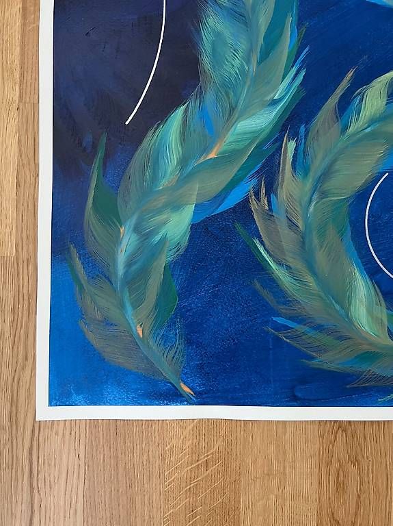 Dipinti: 60x50cm gemaltes Bild blau "Feathers" – Nuovo e nell'imballaggio originale da Urdorf venduto da manuela4 1