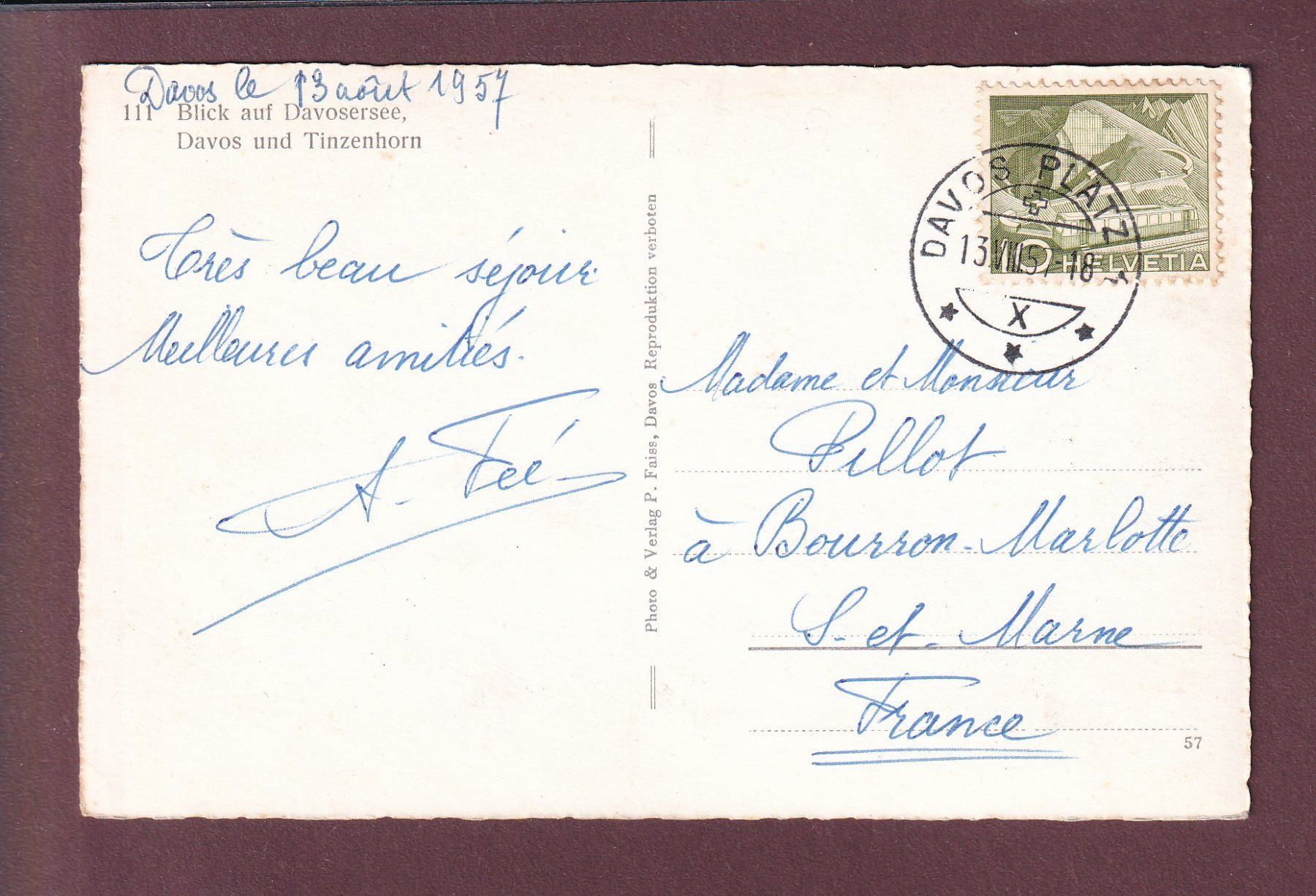 Cartoline postali: Davos - DAVOSERSEE - 1957 – Usato da Pully venduto da nicecards 1