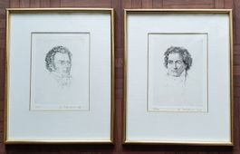 2 Radierungen Beethoven & Schubert, im Goldrahmen