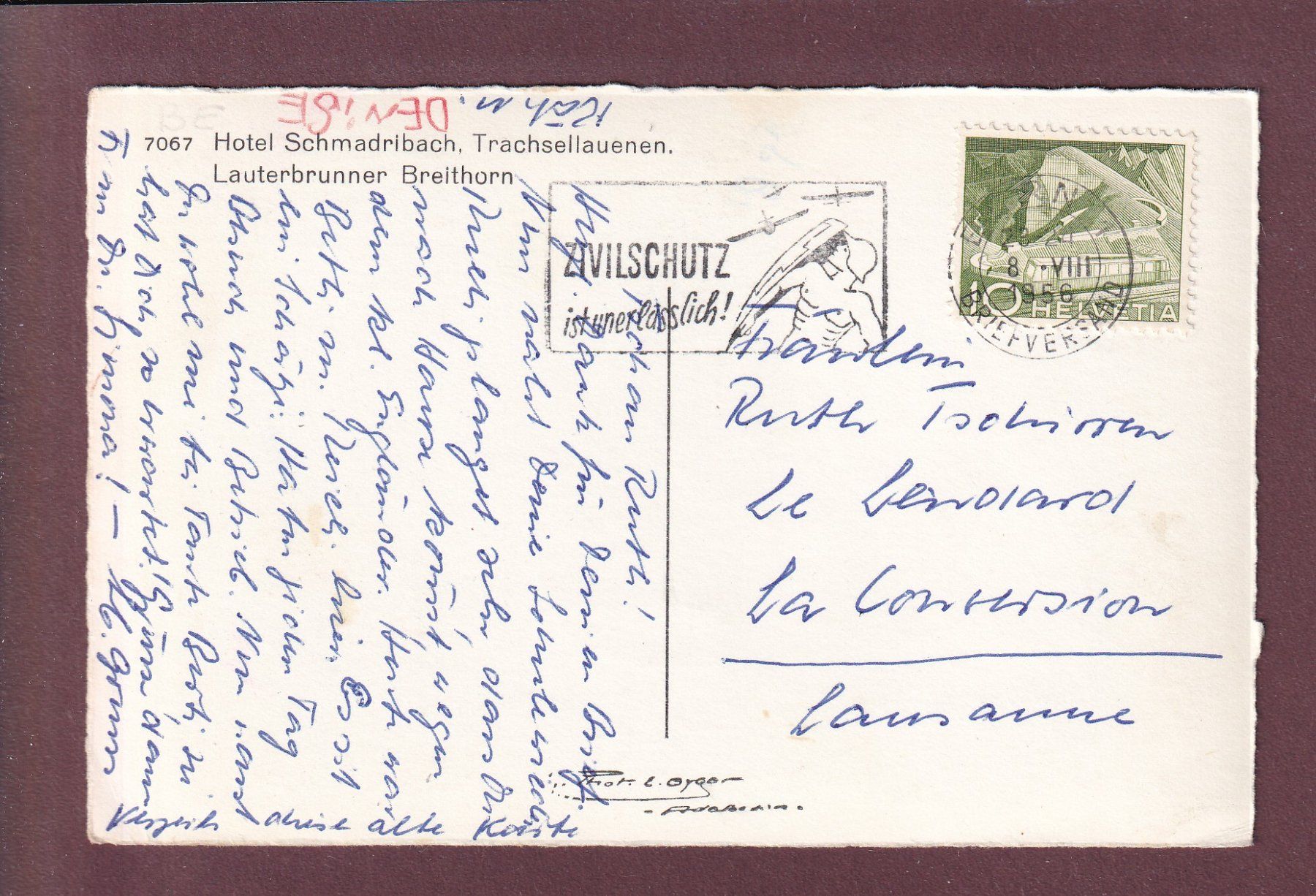 Cartoline postali: Hotel SCHMADRIBACH - 1956 – Usato da Pully venduto da nicecards 1