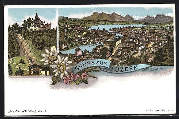 Cartoline postali: Litho Luzern, Totalansicht mit Bergpanor – Usato da Berlin venduto da bartko-reher
