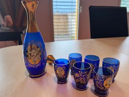 Vintage Glas-Dekanter mit 6 Schnapsgläsern