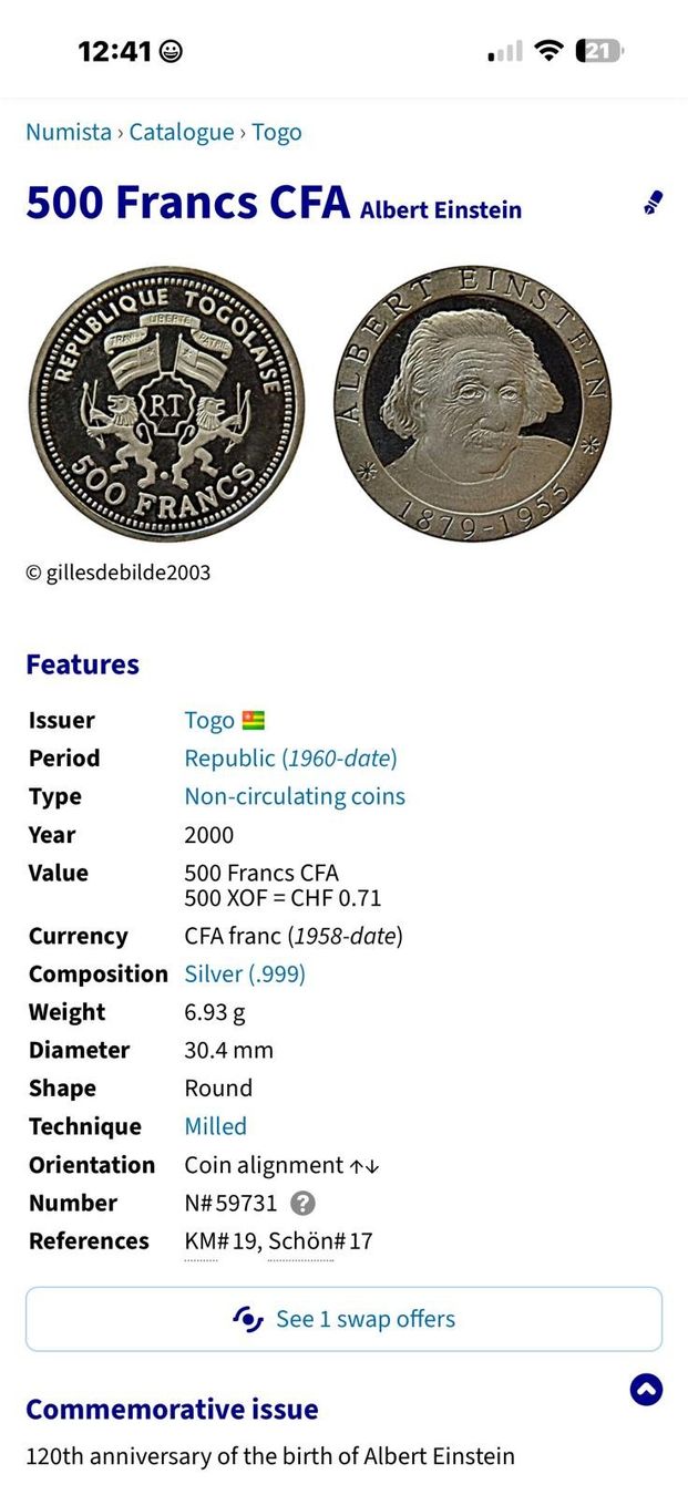Tutti le monete: Togo 500 Francs 2000 silver Albert Einstein Kat: CHF 41.- – Nuovo (secondo la descrizione) da Zürich venduto da Tasmiyah 5