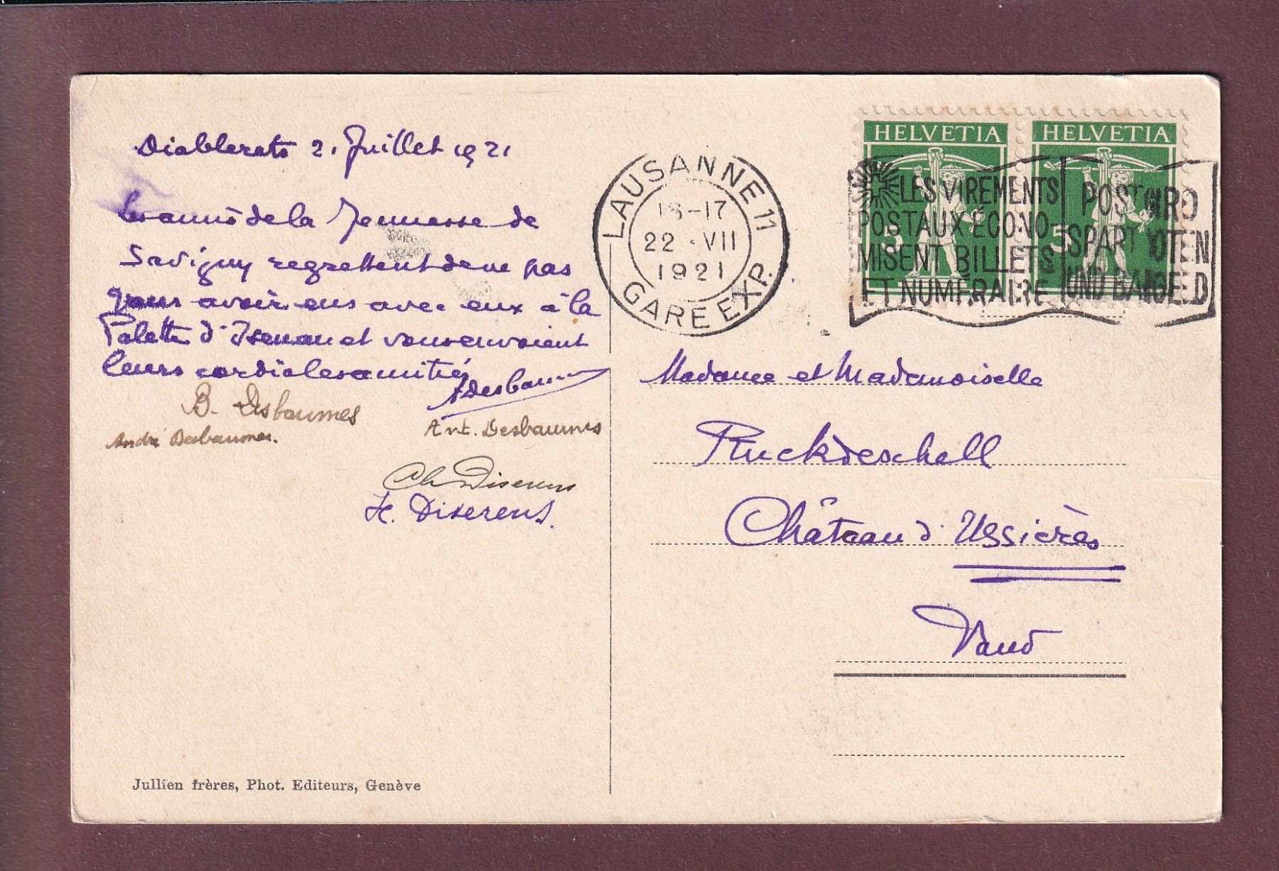 Cartoline postali: Sommet des DIABLERETS - 1921 – Usato da Pully venduto da nicecards 1