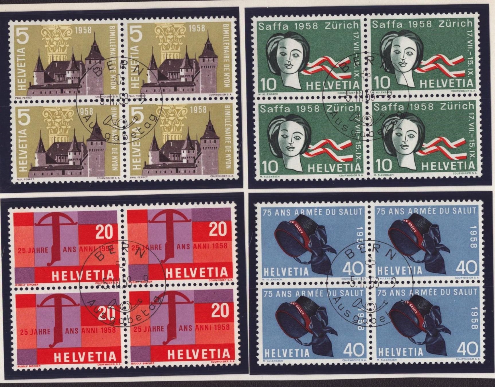 Tutti i francobolli: 1958 Série 334 - 337 bloc de 4 obl. ET BERN – Usato da Delémont venduto da Silte