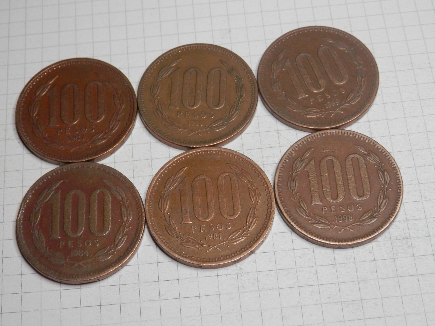 Alle Münzen: 6 x Chile  100 Pesos diverse Jahre siehe Liste – Gebraucht aus Weiach von weiach81