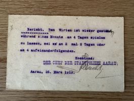 Schweiz - Postkarte 1919 von der Stadtpolizei Aarau
