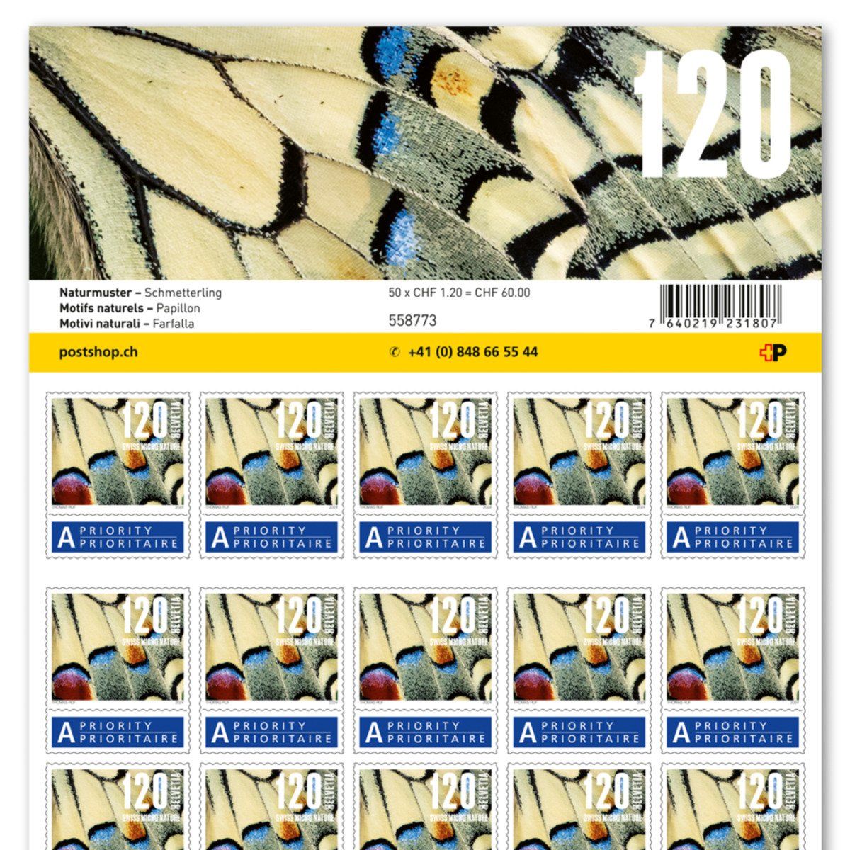Tutti i francobolli: 500x A- Post Briefmarken CHF 1.20 «Schmetterling» – Nuovo e nell'imballaggio originale da Belp venduto da Frankatur-Bern 1