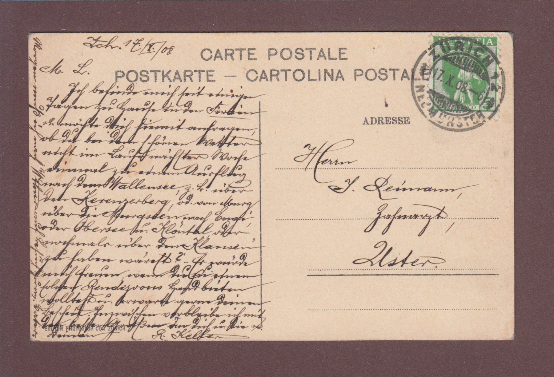 Ansichtskarten: ZÜRICH - Alpenquai - Leute - 1908 – Gebraucht aus Pully von nicecards 1