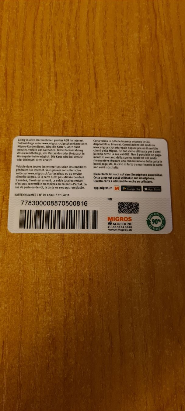 Cartoline: Migros Geschenkkarte  – Usato da Heiligkreuz (Mels) venduto da Wini65 1