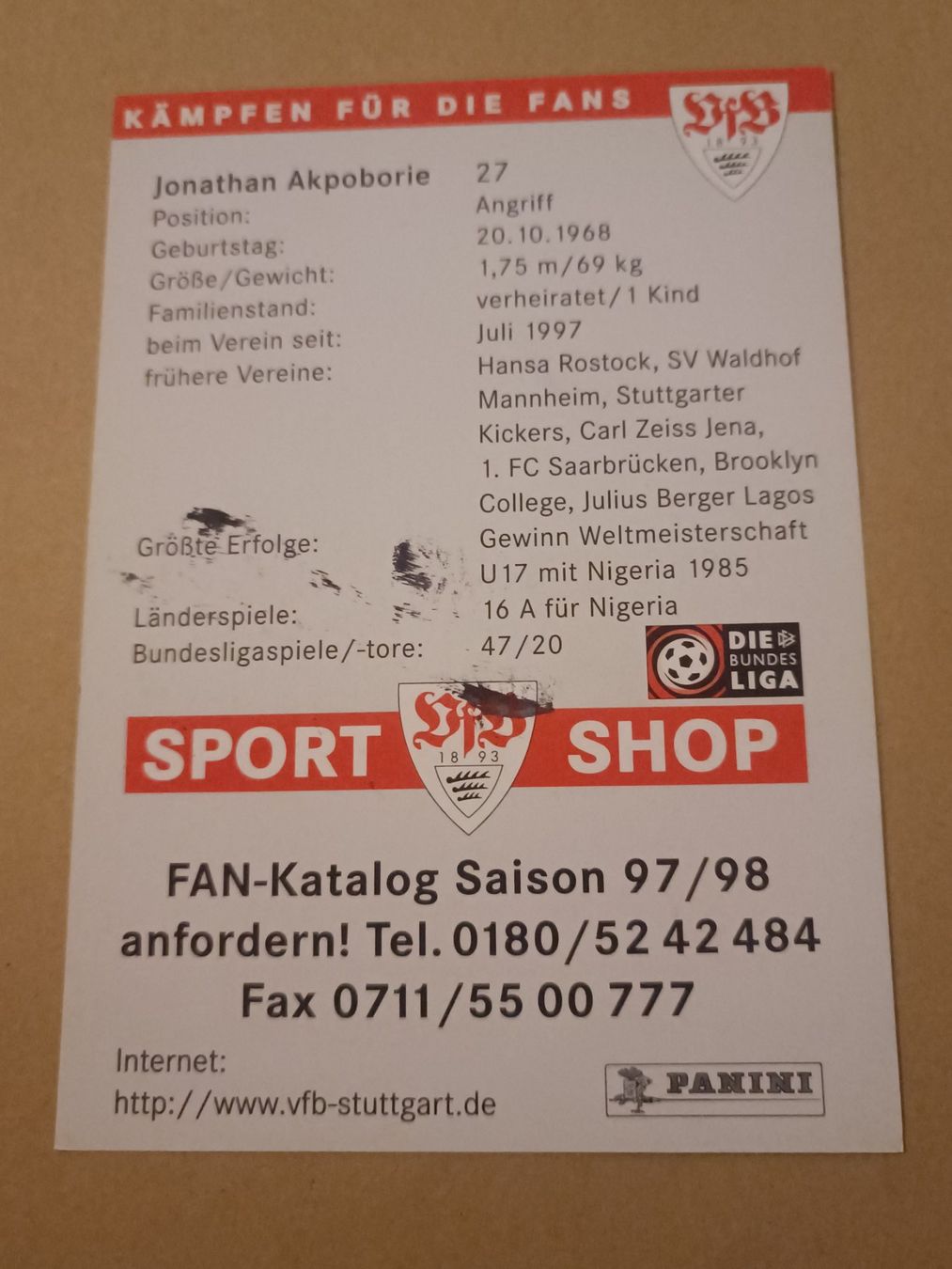 Autogramme: Jonathan Akpoborie - VfB Stuttgart - Handsigniert – Gebraucht aus Menziken von Artographs 1