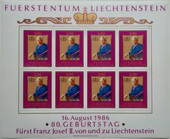 Liechtenstein Kleinbogen 80. Geburtstag Franz JosefII 1986**